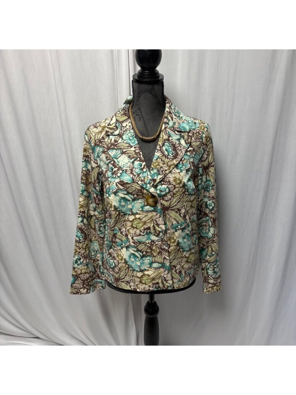 RQT Floral Blazer Womens Size Medium Brown Teal Single Button Linen Boho Jacket